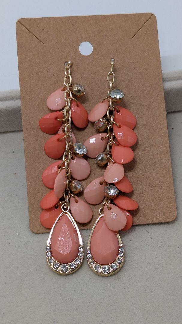 Gold/Coral Pink Long Faceted Bead Dangle Earrings