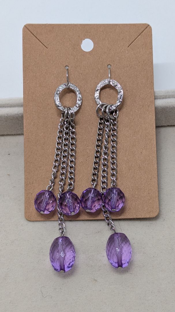 Silver/Purple 3-Chain Beaded Dangle Earrings