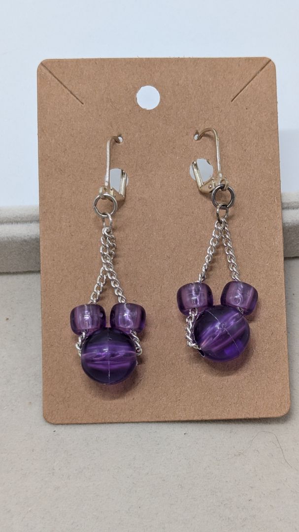 Silver/Purple Chain Dangling Beads Earrings