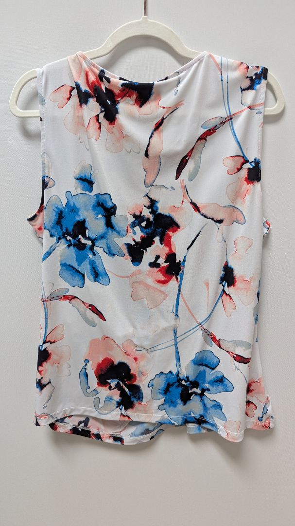 DKNY White Floral Knotted Sleeveless Blouse