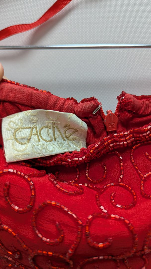 Cache Vintage Red Strapless Beaded Formal Gown