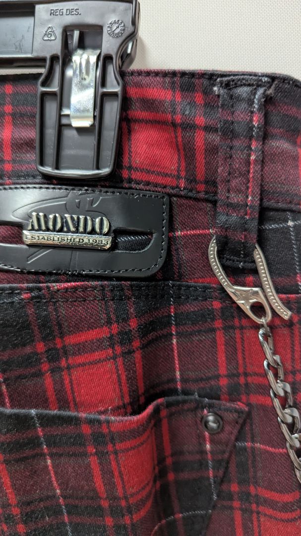 MONDO Men's Red/Black Plaid Slim Leg Pants with Chain