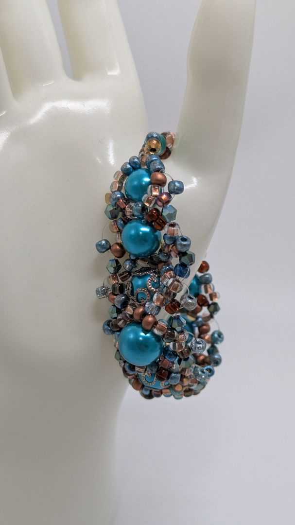 Blue/Brown Beaded Button-Clasp Bracelet