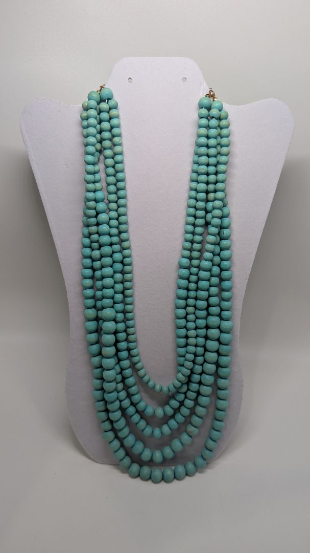 Vintage Turquoise 5-Strand Wood Bead Statement Necklace