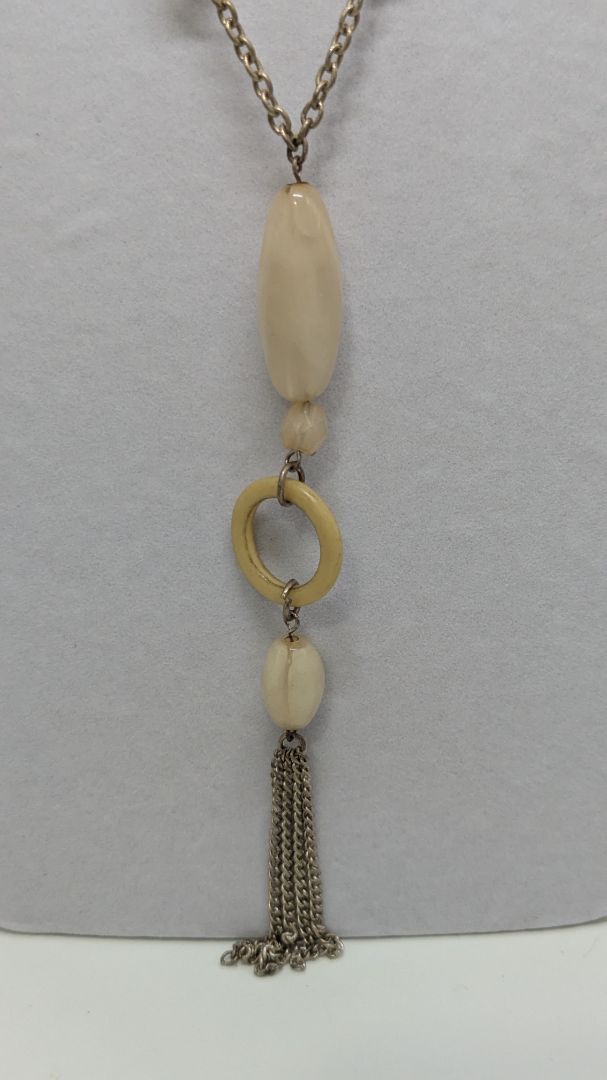 Vintage Gold/Tan Beaded Chain Tassel Longline Necklace