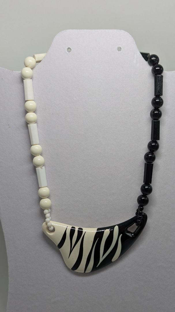 Vintage Black/White Split Zebra Beaded Statement Necklace