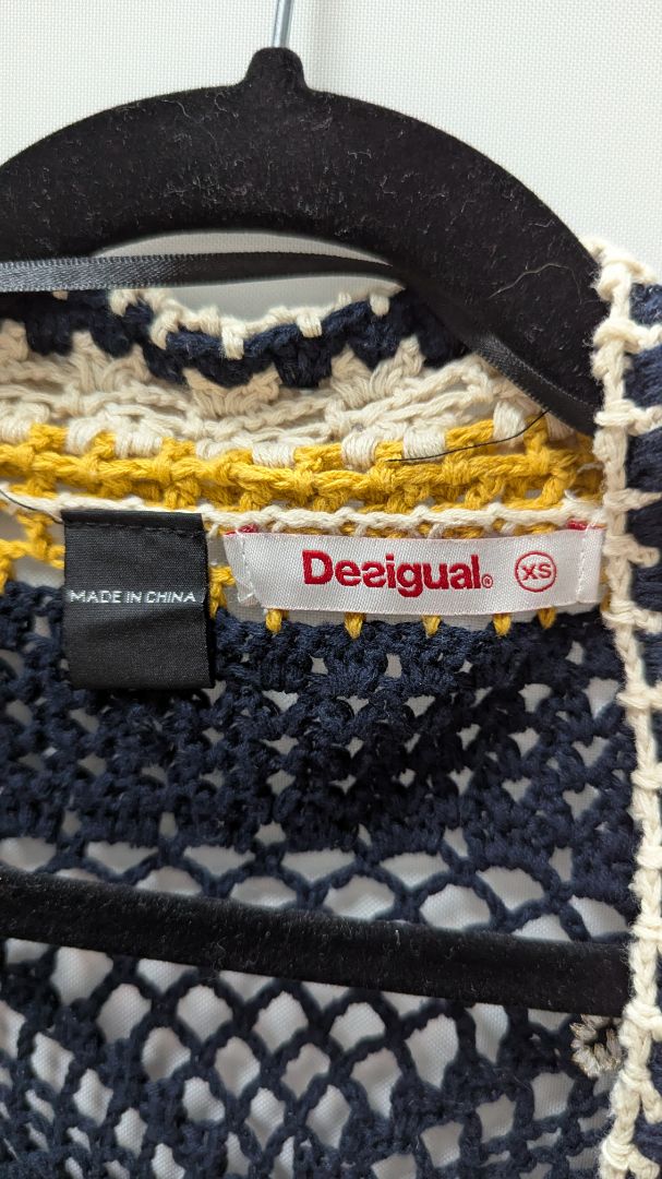 Desigual Navy/Yellow/Cream Crochet Fringed Cardigan
