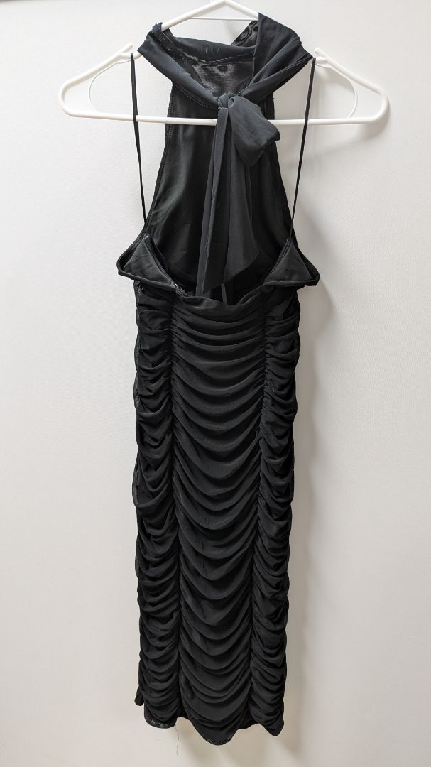 AFRM Black Halter-Neck Mesh Ruched Bodycon Dress