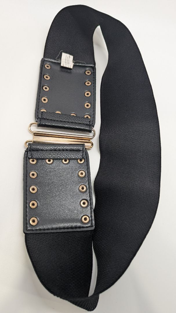 Black Elastic Studded Faux-Leather Wide-Waist Belt