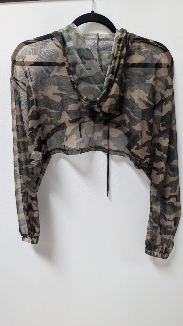 Dark Green Camo Sheer Mesh Cropped Hoodie