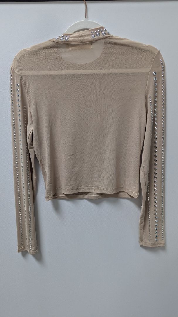Lizette Collection Taupe/Silver Stud Embellished Mesh Blouse