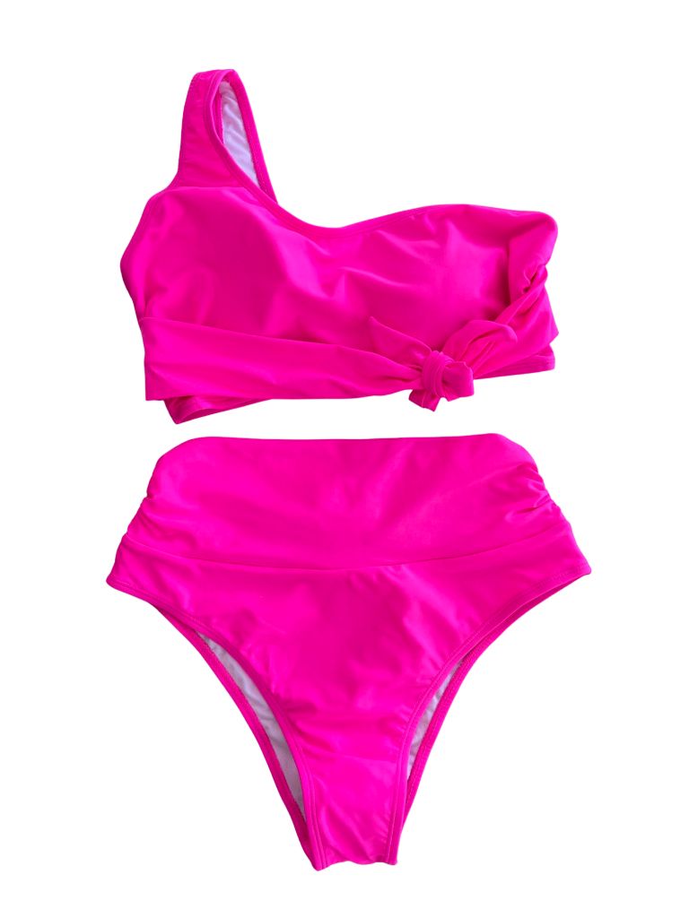 Pink Queen Hot Pink One Shoulder High Waisted Swim Two Piece