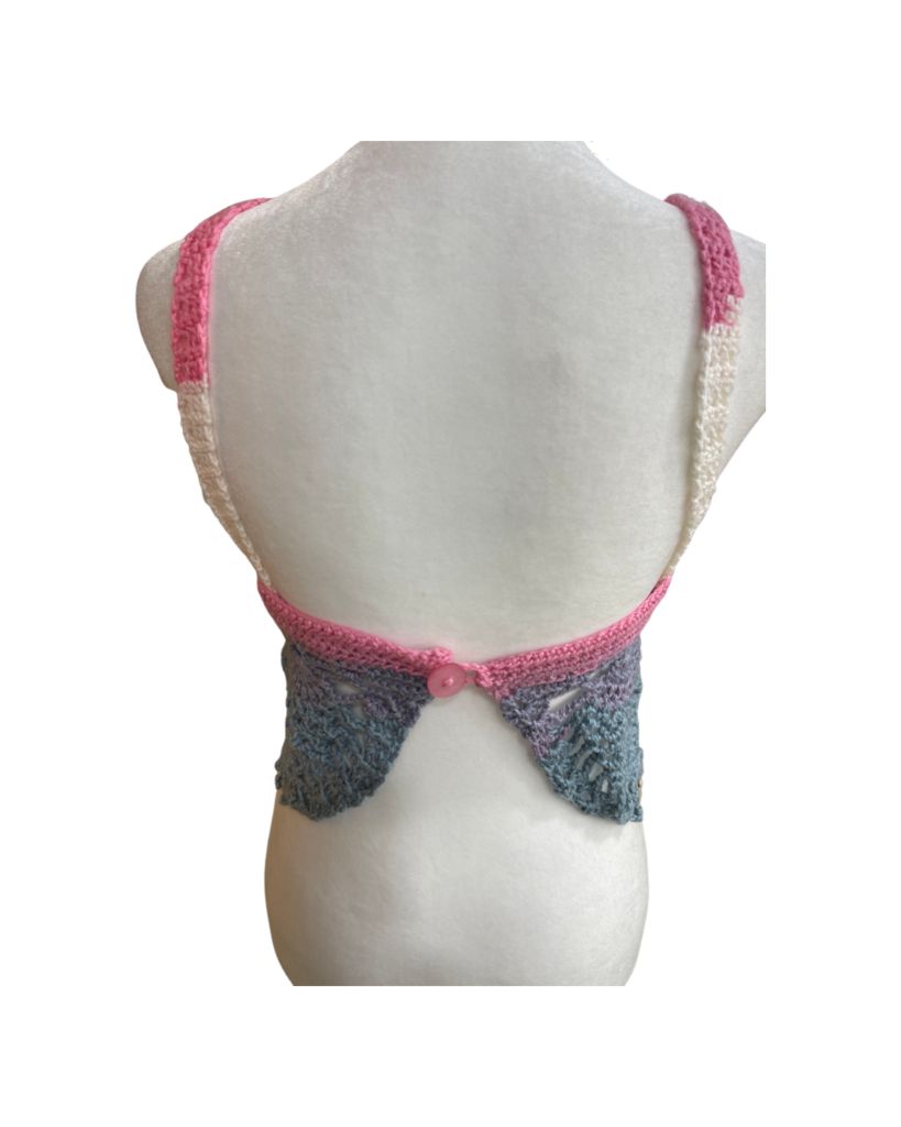 Recycled Threads Handmade Pink, Blue, White Crochet Bralette