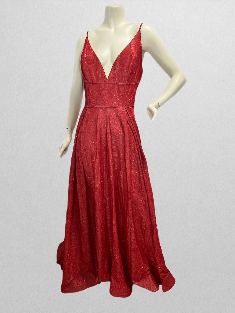 Red Glitter Spaghetti Strap Floor Length Formal Dress