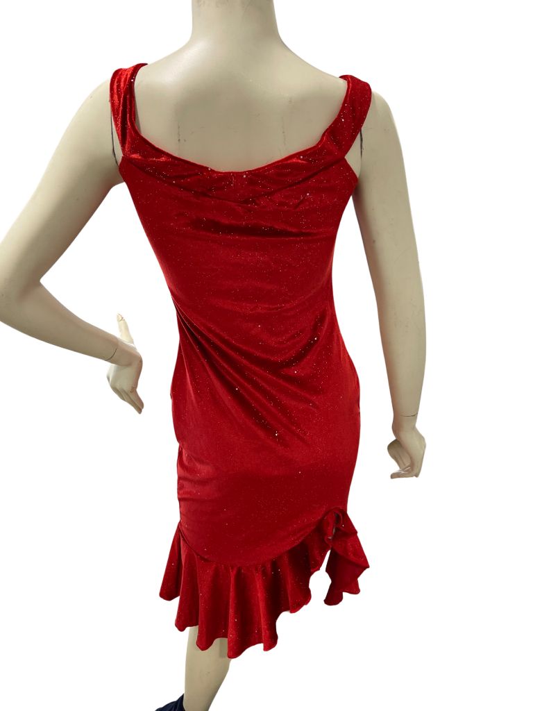 Red Midi Sleevelss Dress with Silver Sparkles and Bottom Ruffle