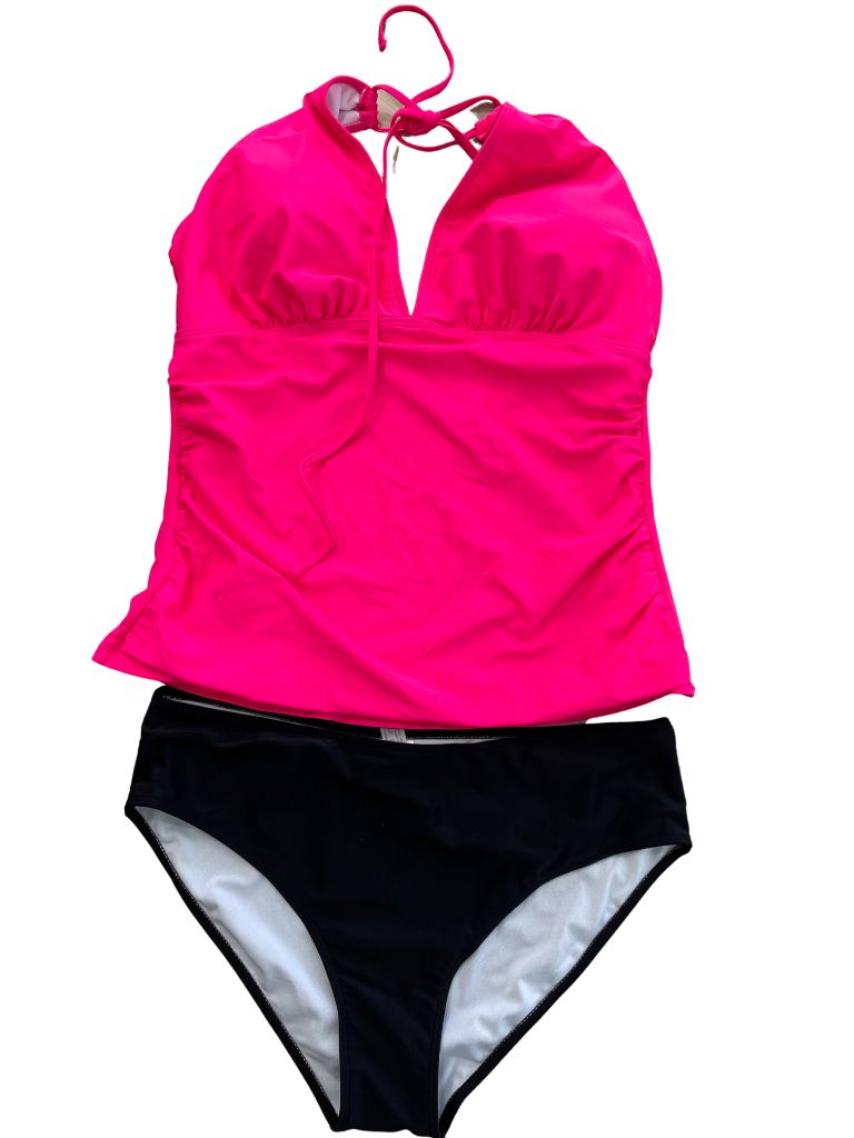 Yonique Hot Pink/Black Halter Tankini Top and Swim Bottom Set