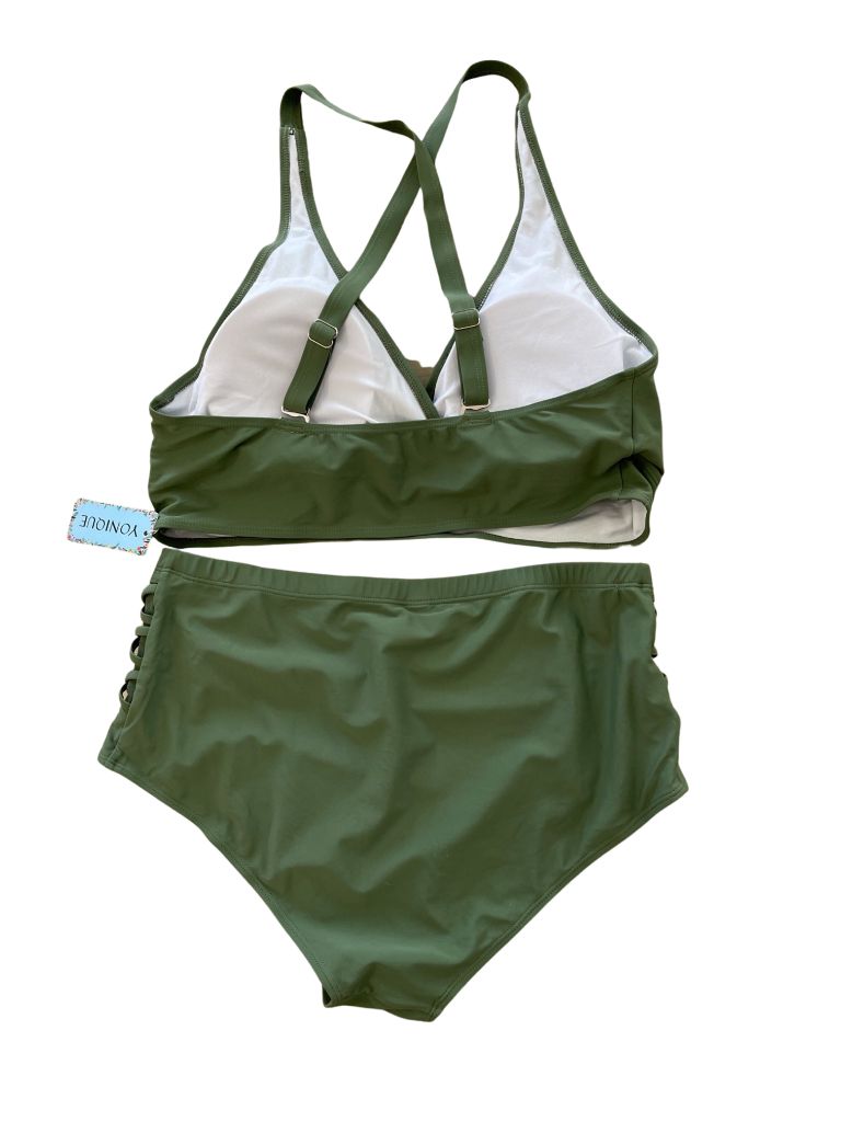Yonique Olive Swim Two Piece with Halter Top and Criss Cross High Waisted Bottom