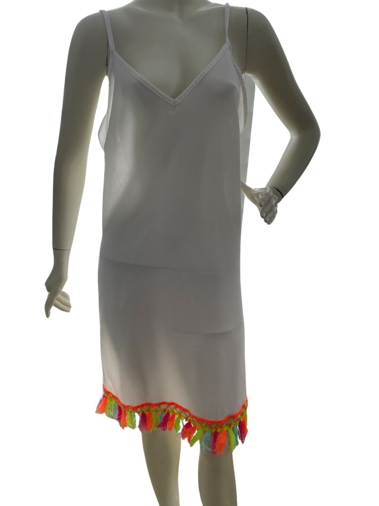 boohoo White Sheer Dress Coverup with Tassel Hem Recycled Threads boohoo White Sheer Dress Coverup with Tassel Hem Recycled Threads