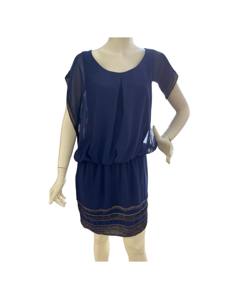 SLNY Navy Sleeveless Drop Waist Midi Dress with Gold Accents SLNY Navy Sleeveless Drop Waist Midi Dress with Gold Accents