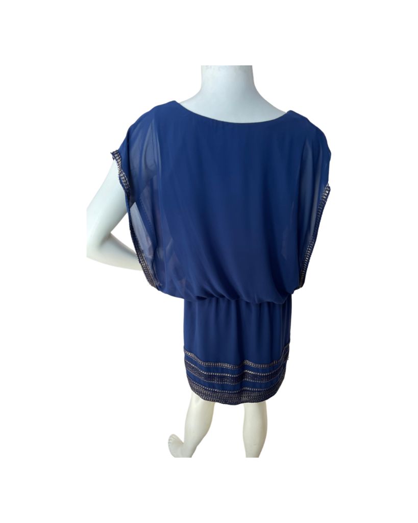 SLNY Navy Sleeveless Drop Waist Midi Dress with Gold Accents