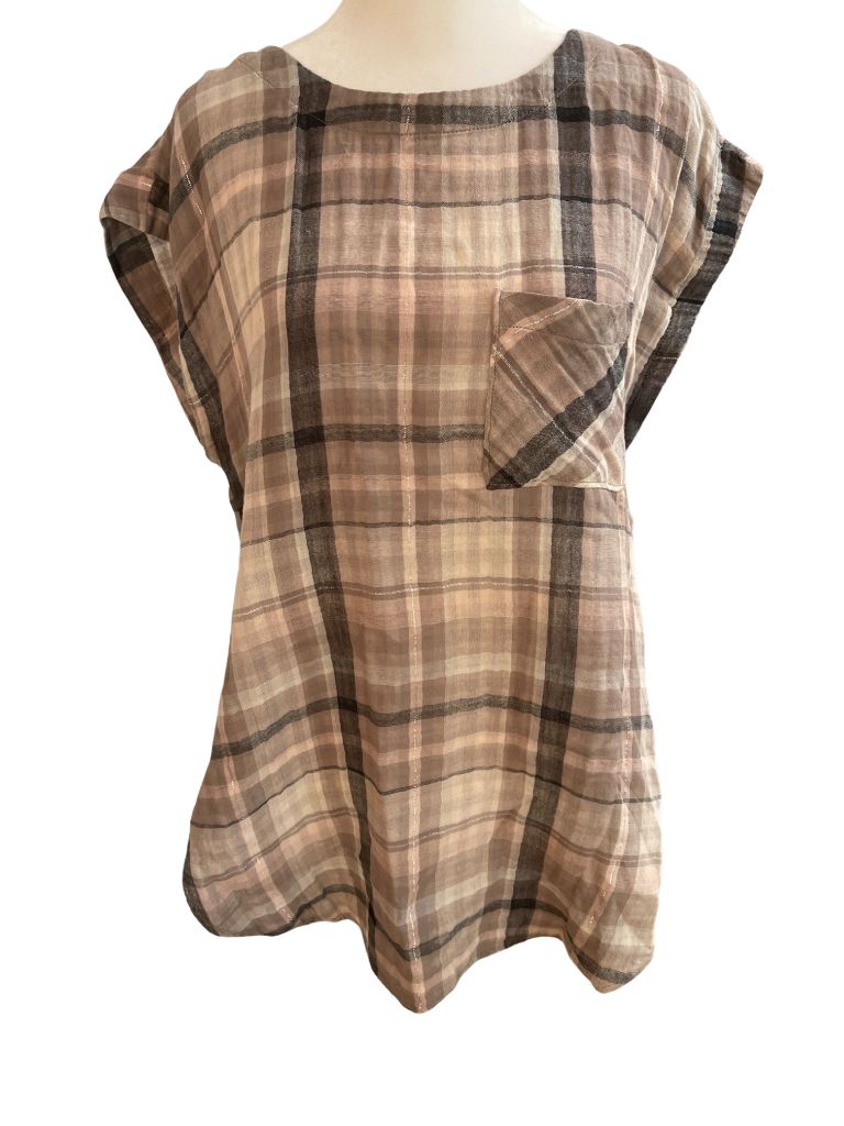 Akemi & Kin Light Brown Plaid Short Sleeve Hi-Low Shirt