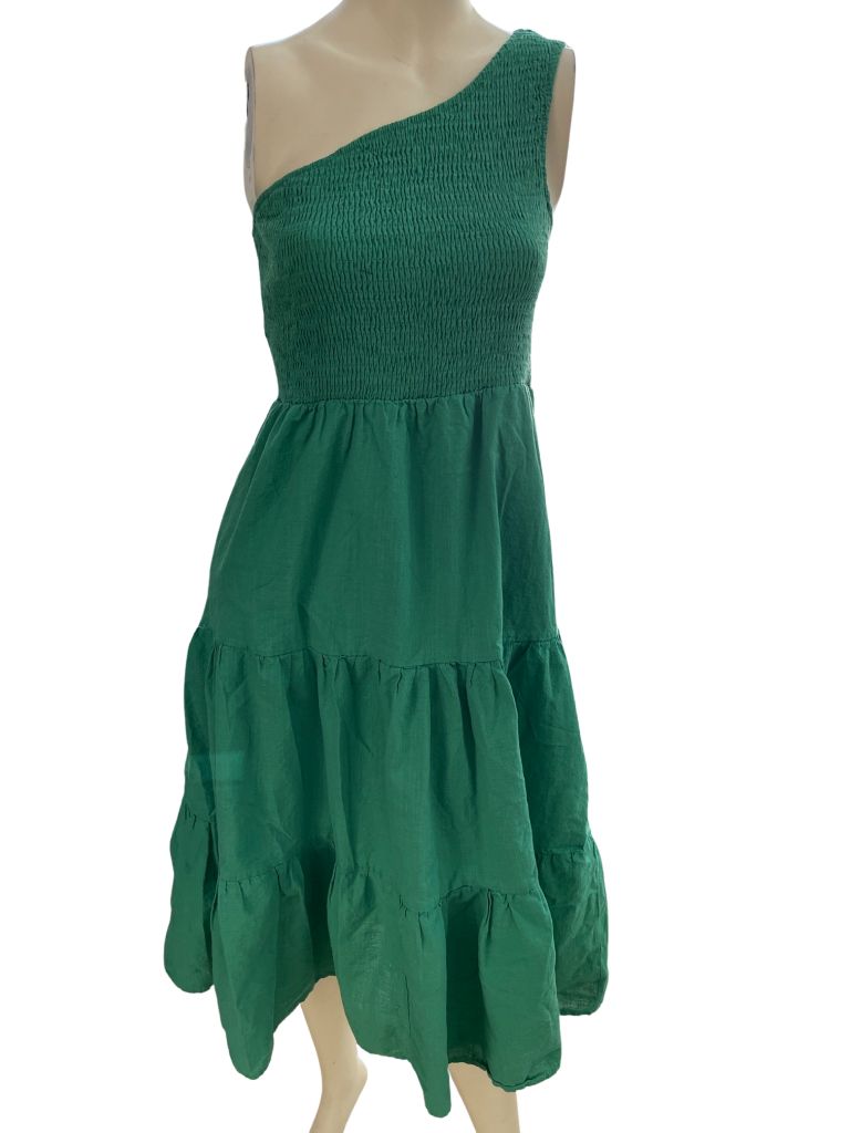 Anrabess Green One Shoulder Smocked Maxi Dress