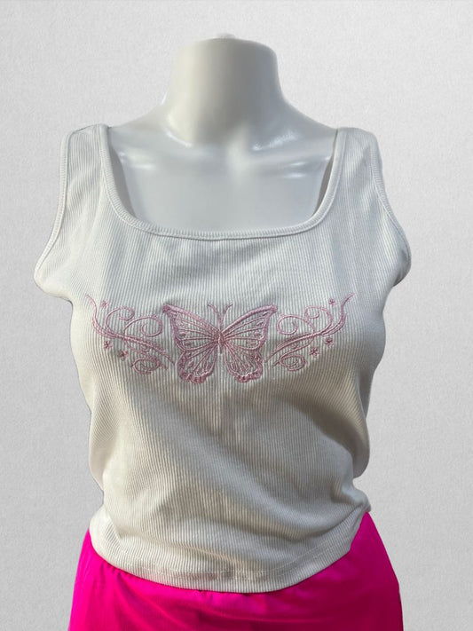 Binpure White Crop Tank with Pink Butterfly Embroidery