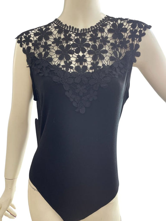 Black Bodysuit with Lace Collar Detail and Tie-Back