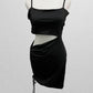 Black Spaghetti Strap Cocktail Dress with Cutout and Ruching