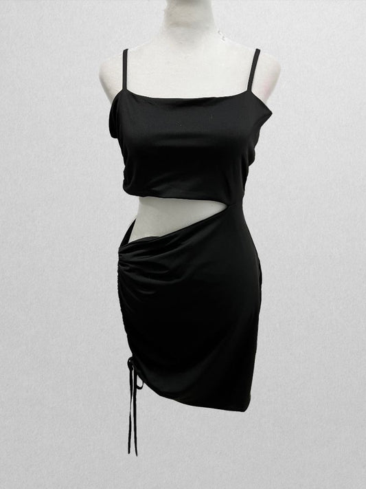 Black Spaghetti Strap Cocktail Dress with Cutout and Ruching