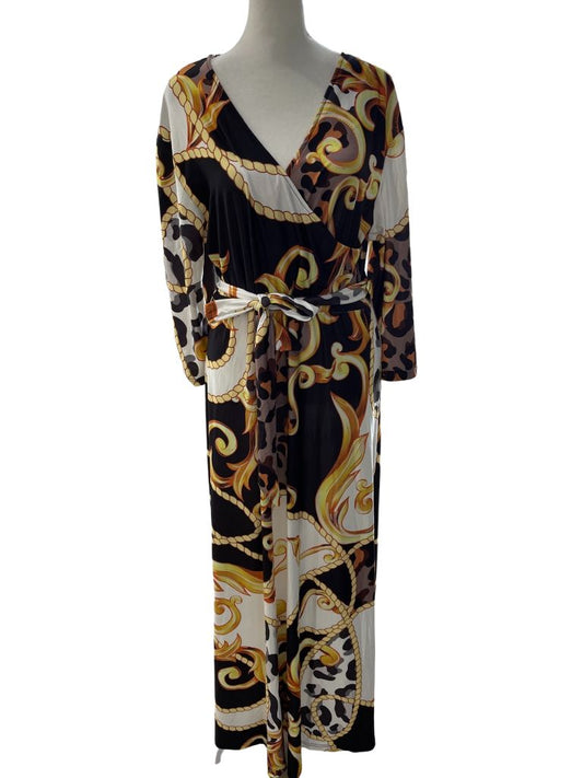 Black, Gold, and White Patterned Maxi Dress with 3/4 Sleeves