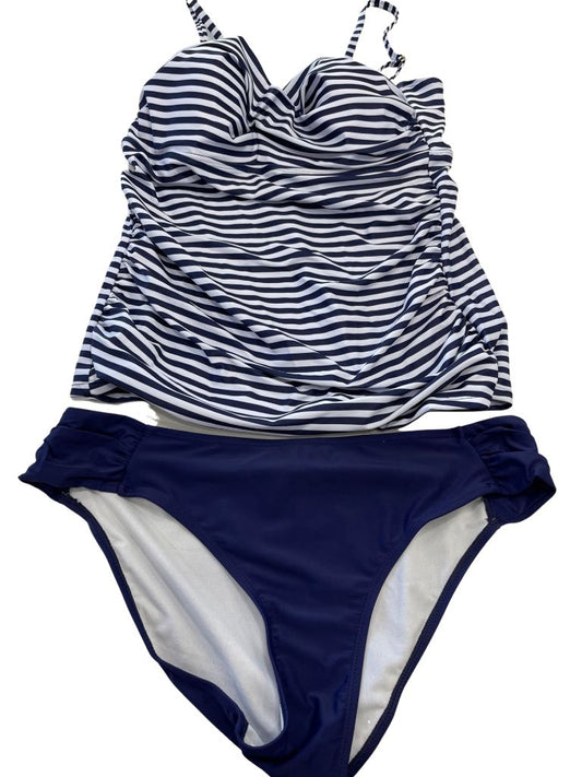 Blue and White Striped Tankini Swim Two-Piece with High Waisted Bottoms