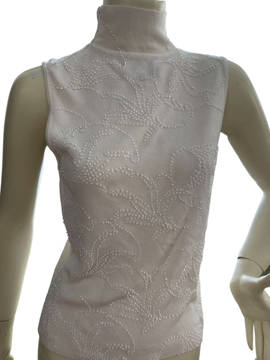 Carmen Marc Valvo Collection White Beaded Sleeveless Mock Neck Blouse