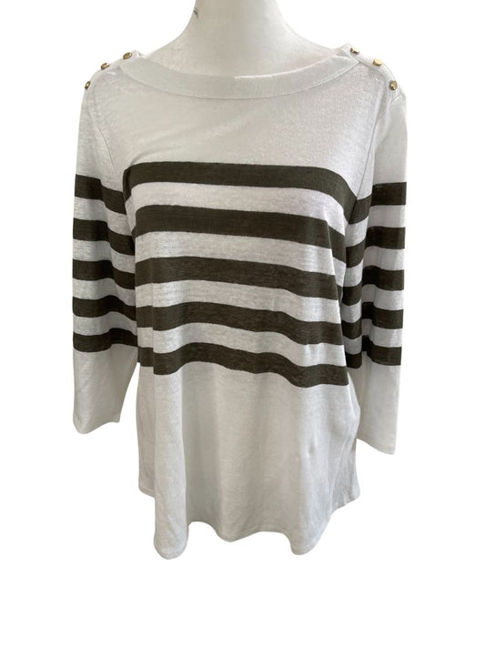 Chico's White and Grey Striped 3/4 Sleeve Linen Pullover Blouse