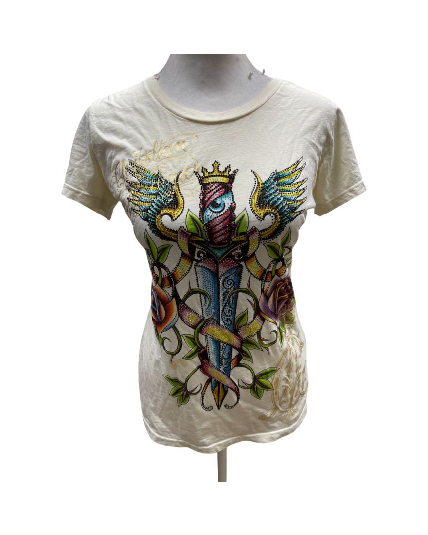 Christian Audigier Vintage Ivory Short Sleeve Graphic Tee