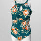 Cupshe Teal Floral Halter Neck Scalloped One Piece Swimsuit