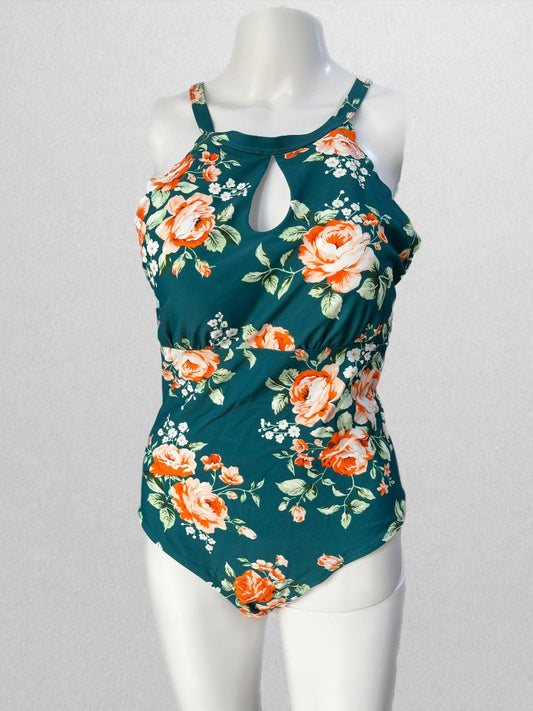 Cupshe Teal Floral Halter Neck Scalloped One Piece Swimsuit