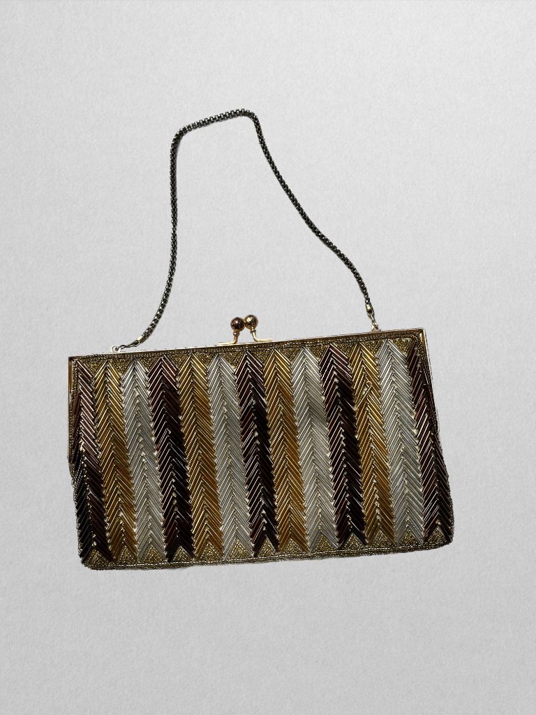 Brown/White/Gold Beaded Purse
