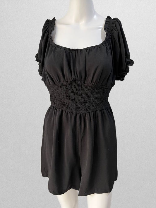 Black Ruched Romper with Puff Sleeves