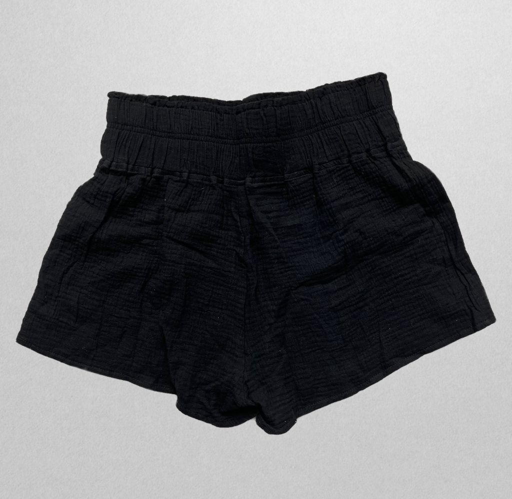 Five Button Black Linen Shorts with Ruched Waistband