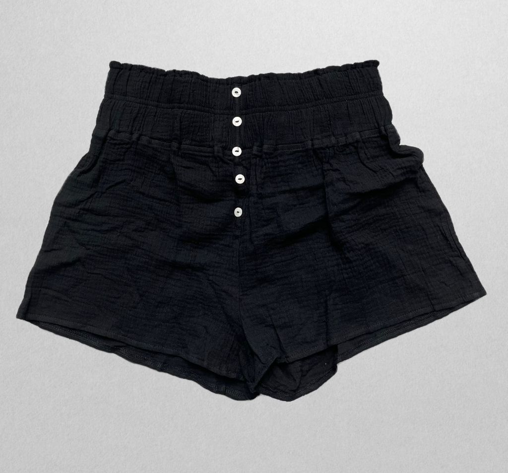 Five Button Black Linen Shorts with Ruched Waistband