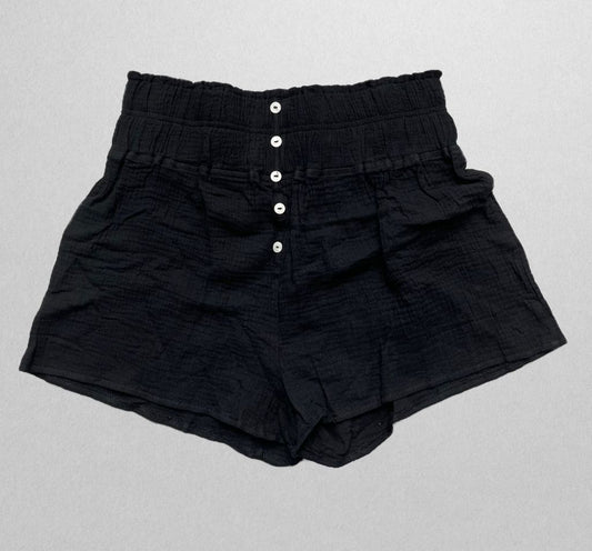 Five Button Black Linen Shorts with Ruched Waistband