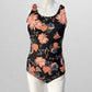 Black/Orange Floral Cross-Back Swim One Piece
