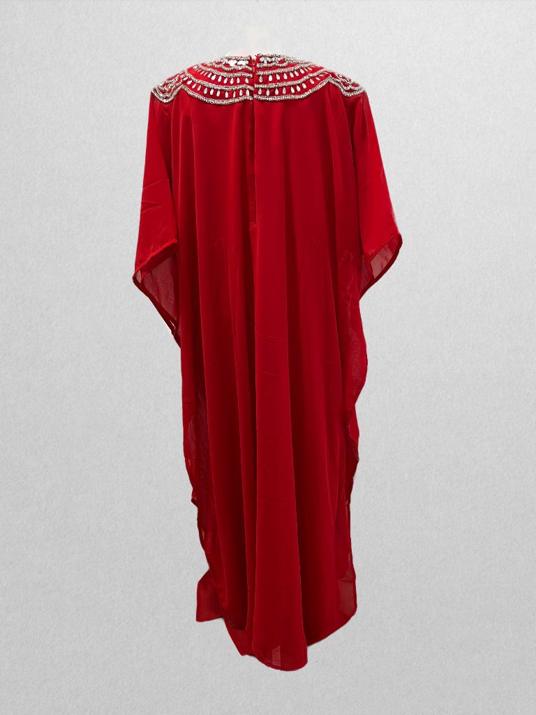 Aniiq Red Kaftan Dress with Rhinestone Neck and Shawl