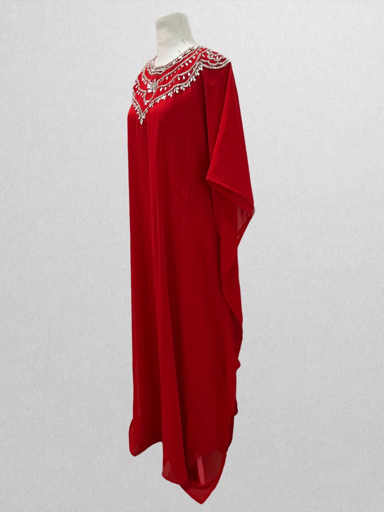 Aniiq Red Kaftan Dress with Rhinestone Neck and Shawl