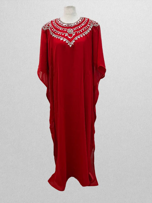 Aniiq Red Kaftan Dress with Rhinestone Neck and Shawl