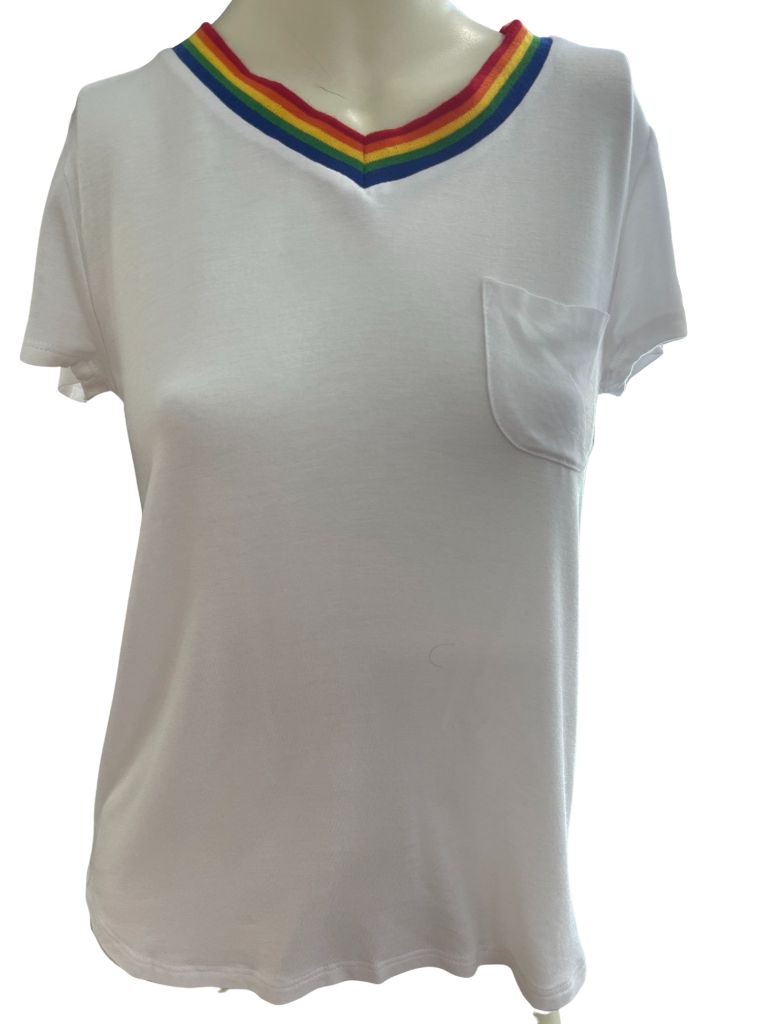 Full Tilt White V Neck Short Sleeve Tee With Rainbow Neck