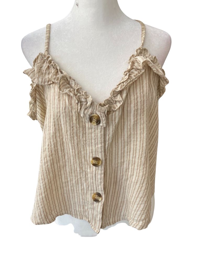 Gilli Linen Light Brown Stripe Spaghetti Strap Crop Top