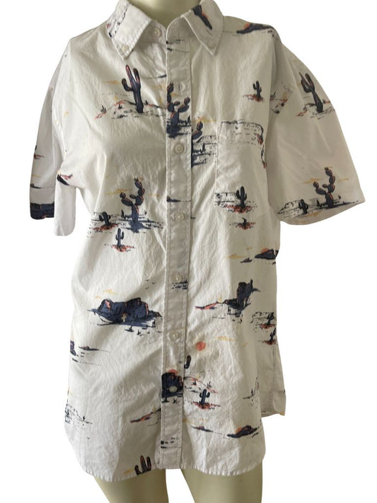 Goodthreads Cotton Blue/White Desert Patterned Short Sleeve Button Up Shirt