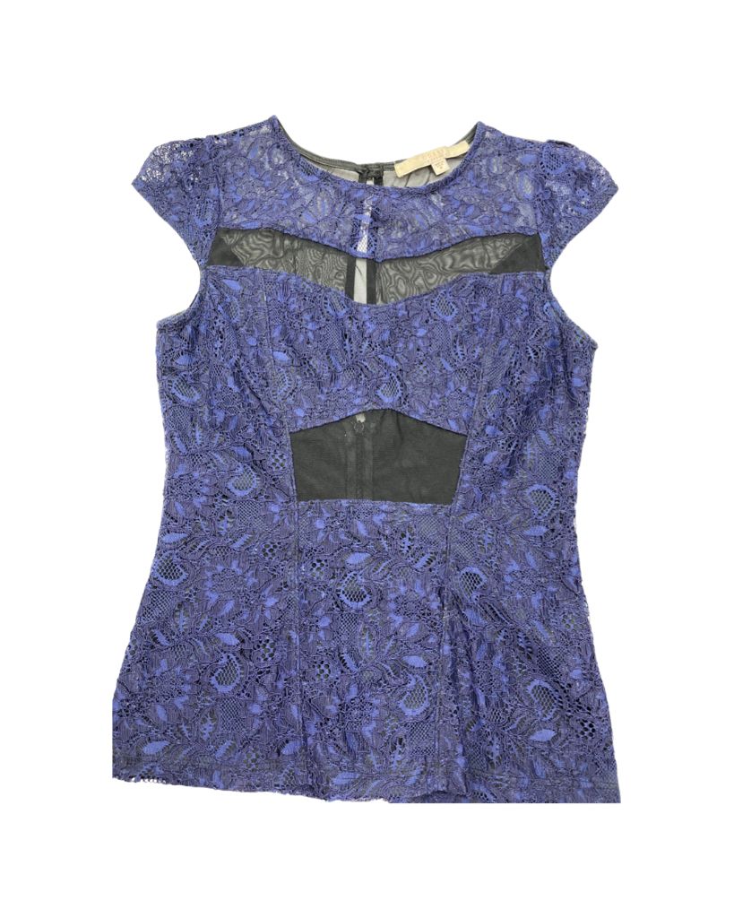 Guess Blue Lace Cap Sleeve Top With Black Accents